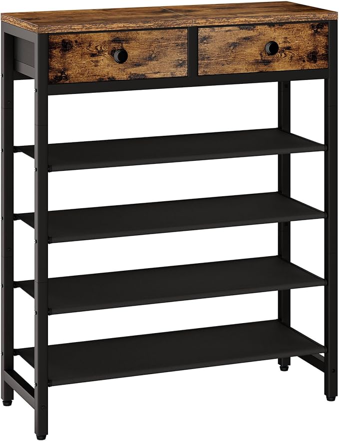 IBUYKE 5 Tier Shoe Rack, Metal Shoe Storage Organizer with 2 Drawers, Shoe Storage Rack for 12-16 Pairs of Shoes, Modern Shoe Stand with Fabric Shelf for Entryway Closet Bedroom, Rustic Brown TXJ040H