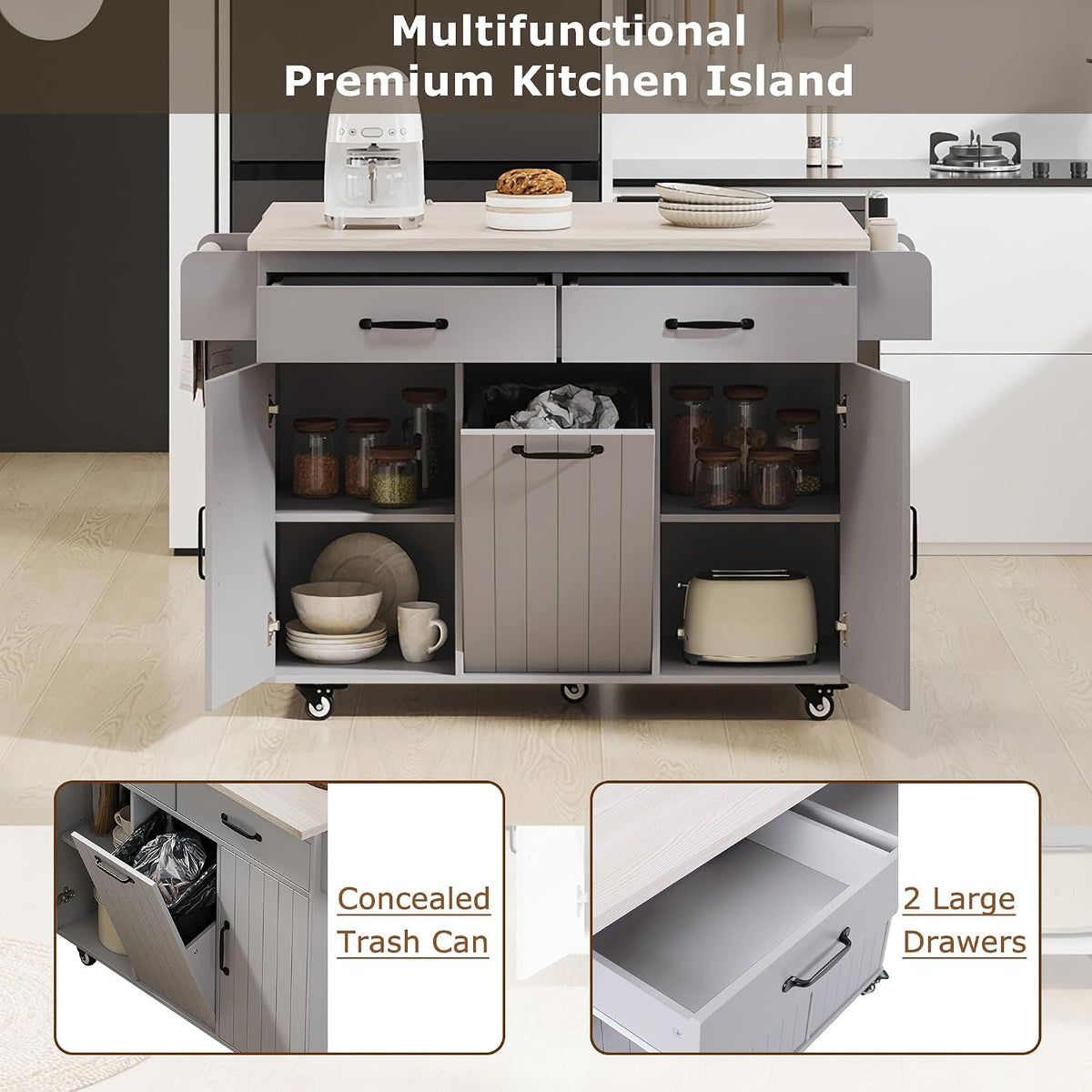 51" Rolling Kitchen Island with Tilt-Out Trash Cabinet & Drop Leaf | Tilt-Out Trash Cabinet, Drop Leaf Extension, Rolling Design, Kitchen Storage, 51 Inch Width