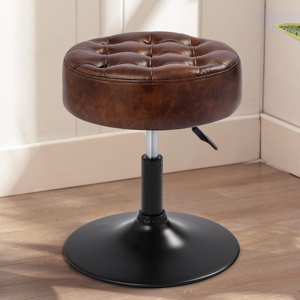 Velvet Tufted Makeup Chair, 360° Swivel Adjustable Vanity Chair Ottoman Stool Vanity Stool for Bedroom Modern Accent Chairs Big Size Stools for Living Room Bathroom, PU, Darkbrown