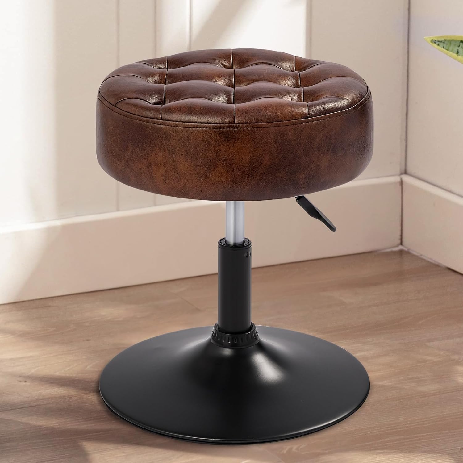 Velvet Tufted Makeup Chair, 360° Swivel Adjustable Vanity Chair Ottoman Stool Vanity Stool for Bedroom Modern Accent Chairs Big Size Stools for Living Room Bathroom, PU, Darkbrown