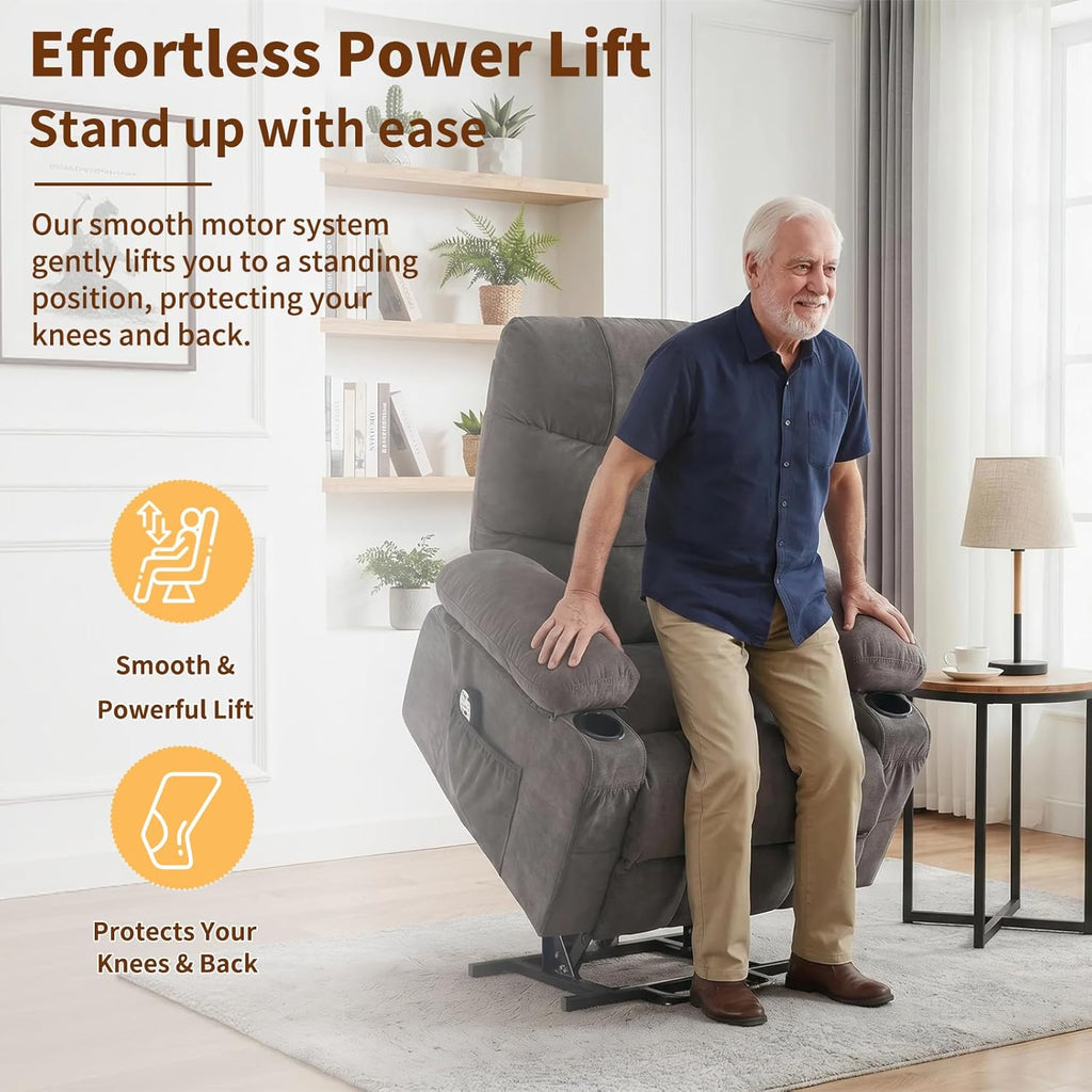 Power Lift Recliner Chair for Elderly with Massage and Heat, Comfortable Electric Power Reclining Chair with Side Pockets,2 Cup Holders and USB Charging Port for Living Room (Grey)