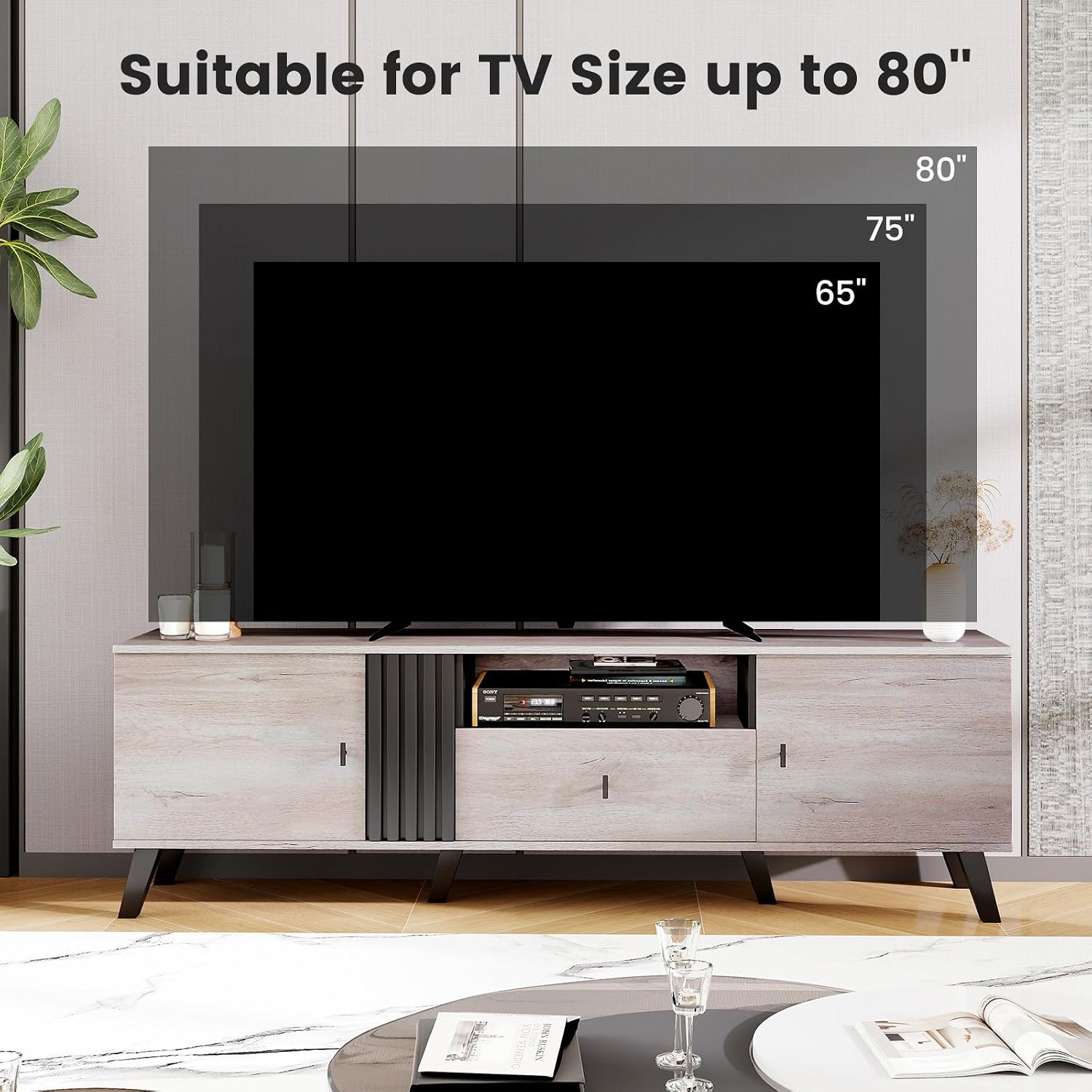 GIANTEX Mid Century Modern TV Stand for 65-80 Inch TV, Large Entertainment Center with Storage Drawer, 2 Side Cabinet &Open Shelf, Wood TV Console Table for Bedroom, Living Room