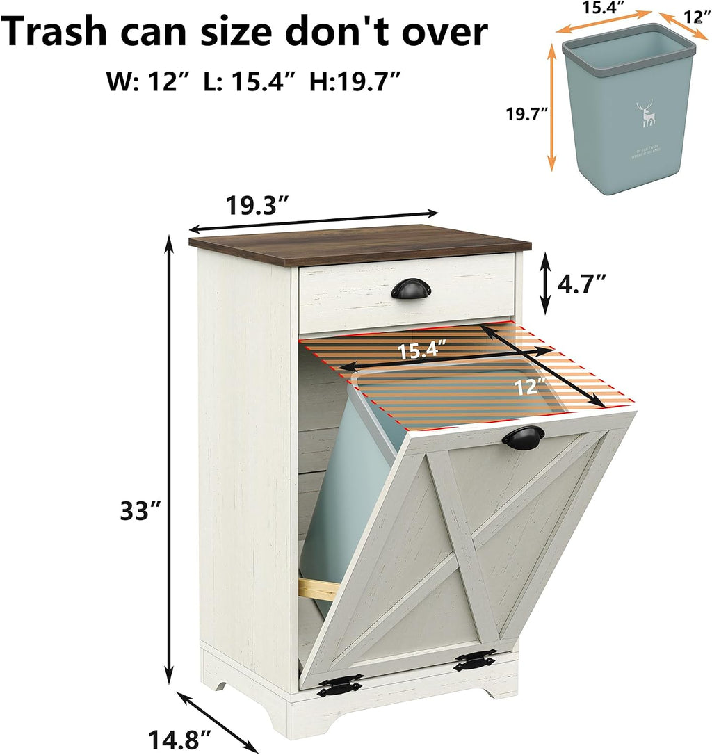 Furniouse Single Tilt Out Trash Can Cabinet with Drawer, 10 Gallon Wood Garbage Cabinet for Kitchen, Antique White