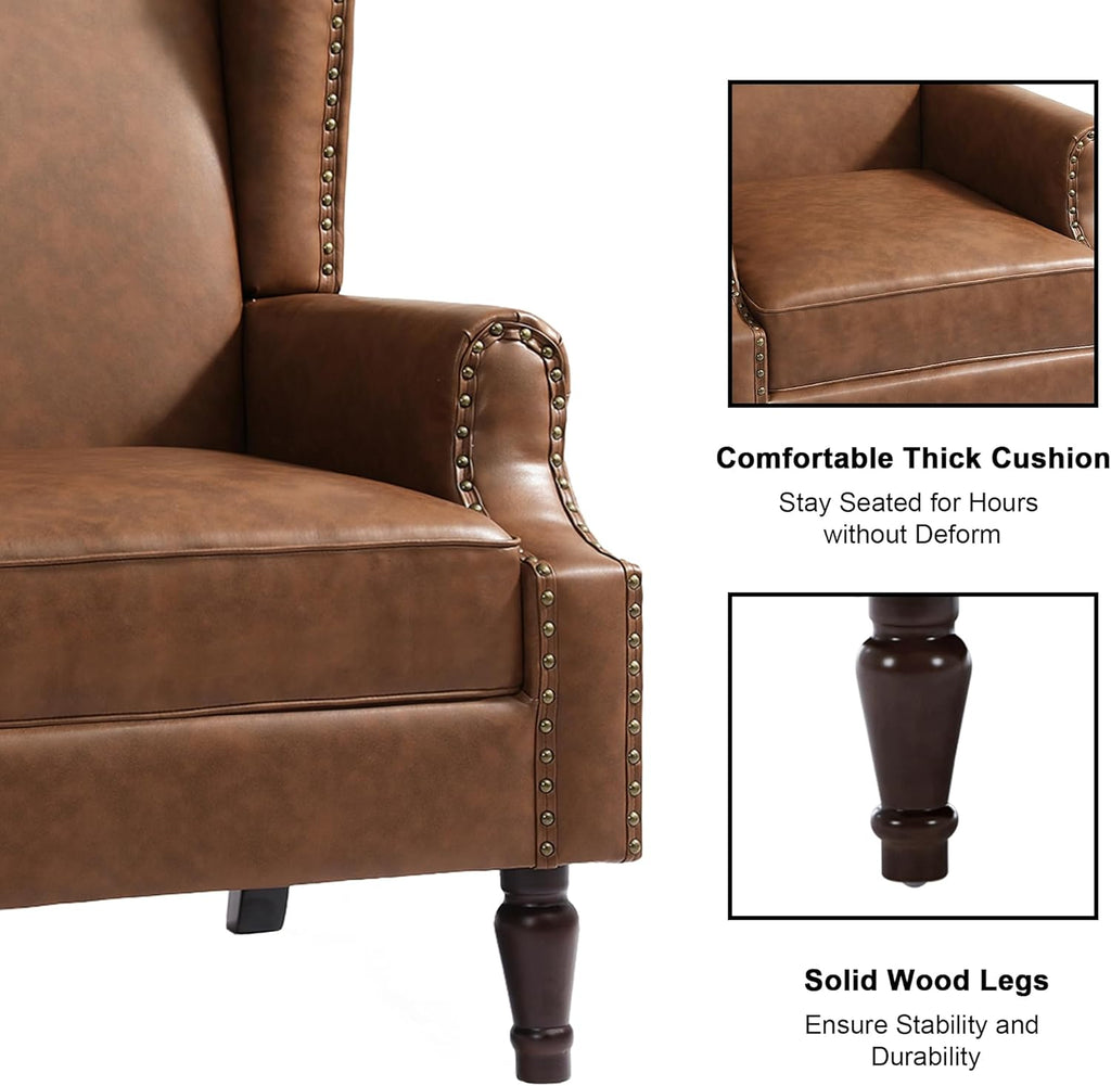 PU Leather High Back Accent Chair, Upholstered Armchair with Solid Wood Legs, Comfy Wingback Reading Single Sofa Chair for Small Spaces, Living Room, Bedroom(Leather Brown, Set of 2)