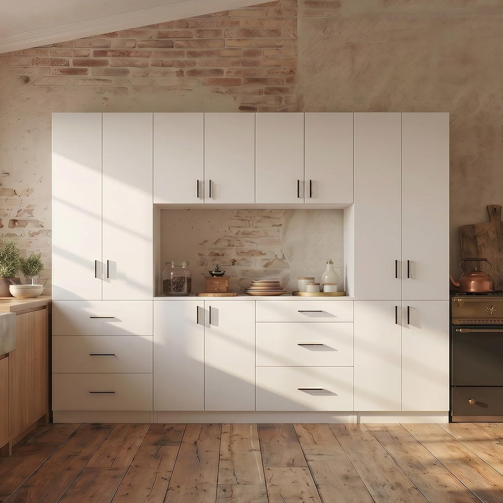 63" Kitchen Cabinet Set with 3 Drawers and 6 Doors, Wall Mounted Upper Cabinet and Floor Base Cabinet for Pantry, Large Kitchen Storage System with Adjustable Shelves, White