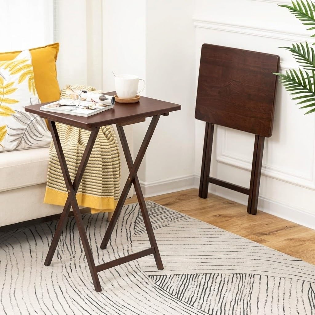 Folding TV Tray Table, Rubberwood, Walnut, 19" x 14.5" x 26", Indoor, 1 Piece