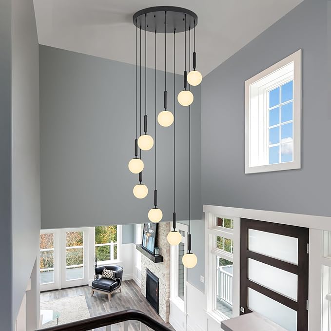 9-Lights Black Chandelier with Milk White Glass Mid Century Modern Globe Pendant Light for Foyer Living Room Entryway Hallway