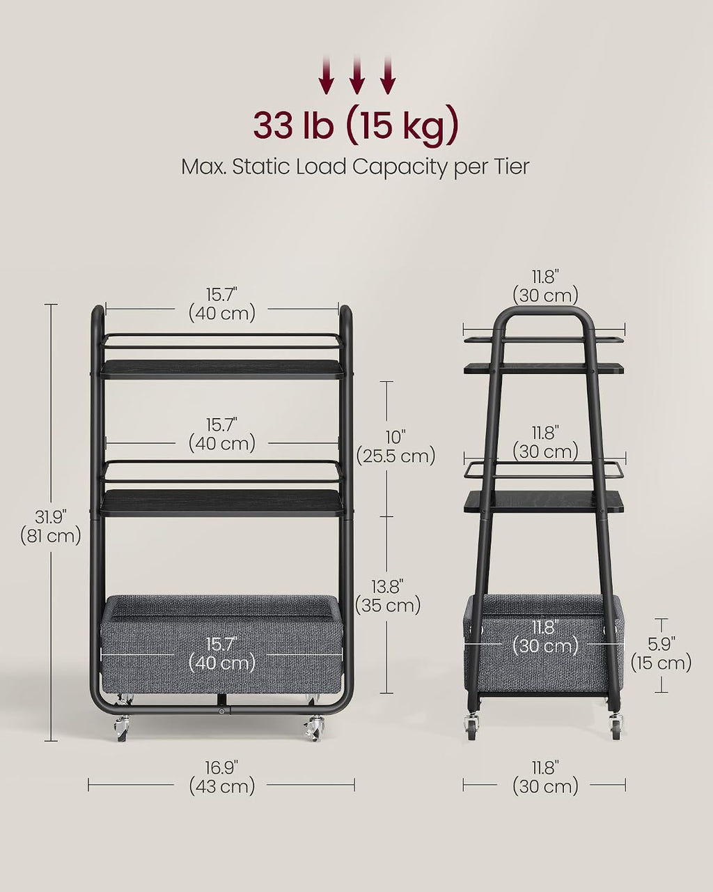 VASAGLE LILEA Collection - Storage Cart with Fabric Basket, 3-Tier Rolling Utility Cart with Wheels and Shelves, for Living Room Bedroom Kitchen, Ebony Black and Slate Gray ULRC001BE02