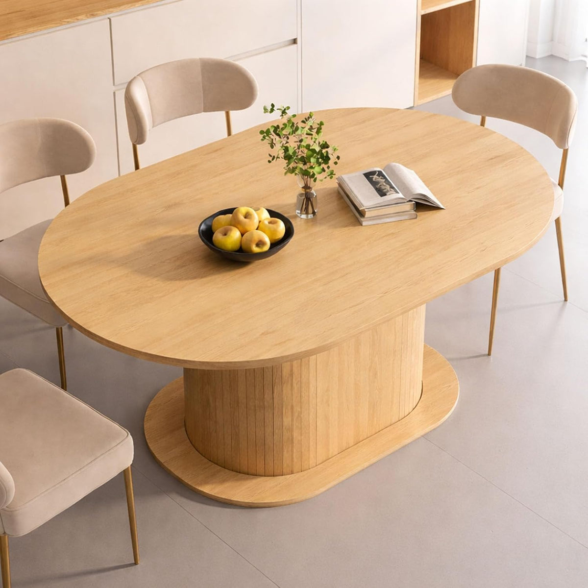 39.37'' to 55.12'' Round Extendable Dining Table for 4-8 People, Expandable Wood Dining Table with Removable Leaf, Space Saving Modern Kitchen Table with Pedestal Base, Natural
