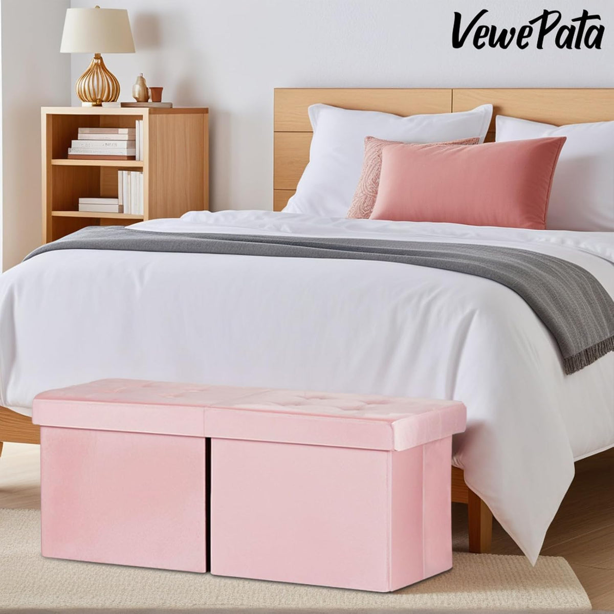 Storage Ottoman Bench, 34" Teddy Velvet Folding Foot Rest, Pink | Large Ottoman with Storage, Thicker Foam Padded Seat, 34 x 13 x 13in, Livingroom, Dorm, Bedroom, Easy to install, 86L
