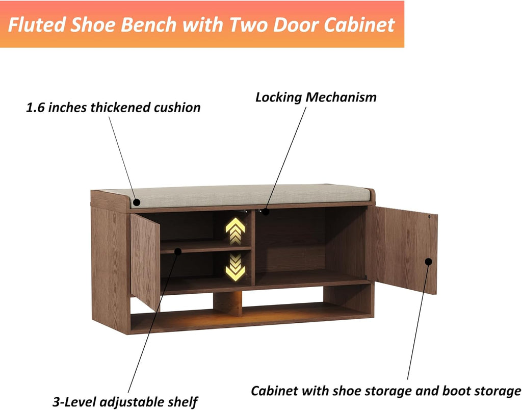 HOMEFORT 39.4" Fluted Shoe Storage Bench, Entryway Bench with Linen Seat Cushion, Shoe Cabinet Bench with Adjustable Shelf and Built-in LED Sensor Light, Bench for Bedroom End of Bed,Walnut