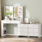 Ieejdn Makeup Vanity Desk with Mirror and Lights, Vanity Desk with 8 Drawers & Storage Shelves, Vanity Table with Power Outlet, 3 Color Modes & Adjustable Brightness Dressing Table, Bedroom,White