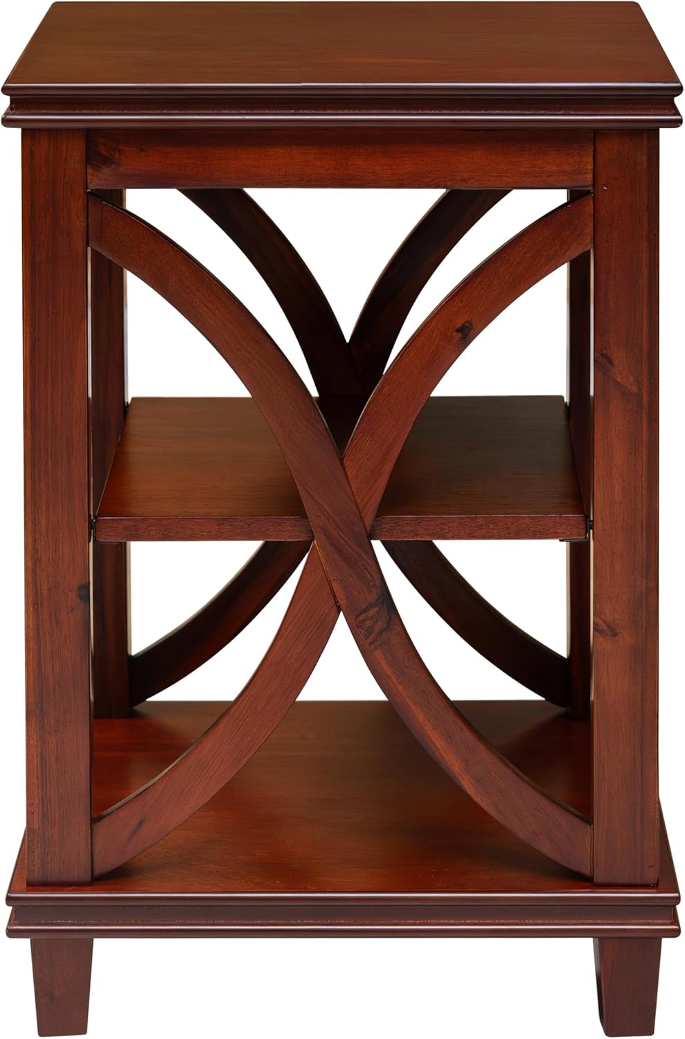 eHemco Solid Wood Square End Table with Storage Shelves, 3-Tier Accent Side Table with X-Design Panels, Compact Nightstand or Sofa Table for Living Room and Bedroom, Cherry Finish, 16 x 16 x 24 Inch