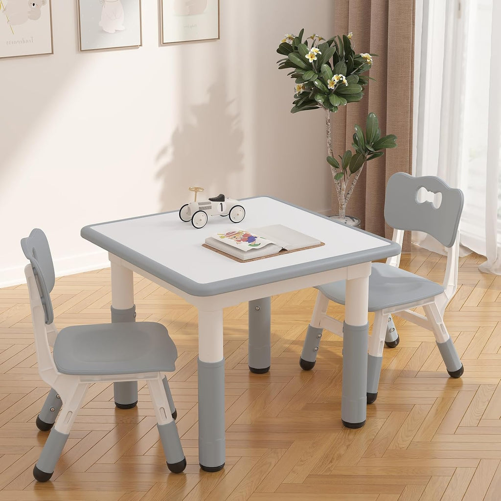 IDEALHOUSE Height Adjustable Kids Table and 2 Chairs Set,Dark Grey | 23.6 Inch Square Tabletop, Non-Slip Leg Pads, Wood Grain Composite Surface, Multi-Activity Use
