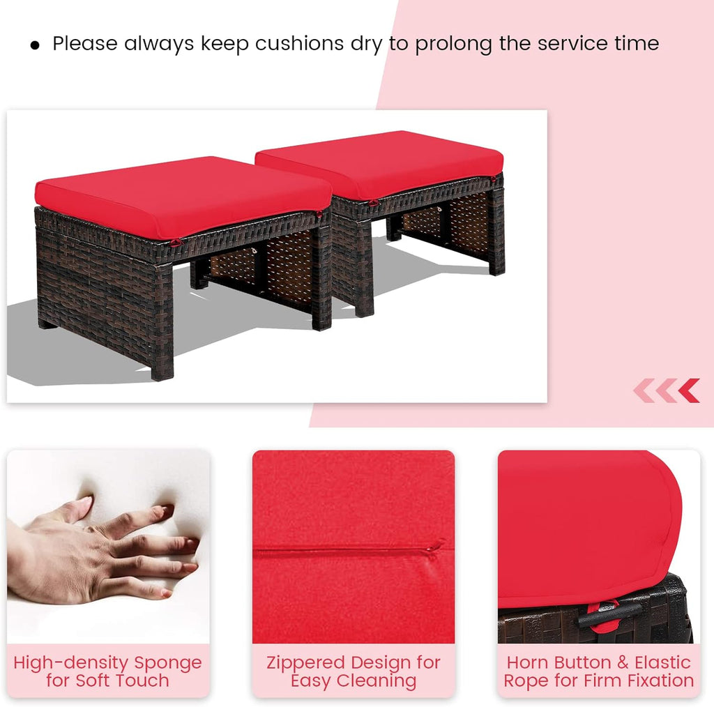 RELAX4LIFE 2-Piece Wicker Outdoor Ottoman, Rattan Footrest Set of 2 with Removable Cushions, 3-in-1 Foot Stool, Side Table & Additional Seating, Outdoor Footstools for Patio Backyard (Red)
