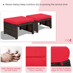 RELAX4LIFE 2-Piece Wicker Outdoor Ottoman, Rattan Footrest Set of 2 with Removable Cushions, 3-in-1 Foot Stool, Side Table & Additional Seating, Outdoor Footstools for Patio Backyard (Red)