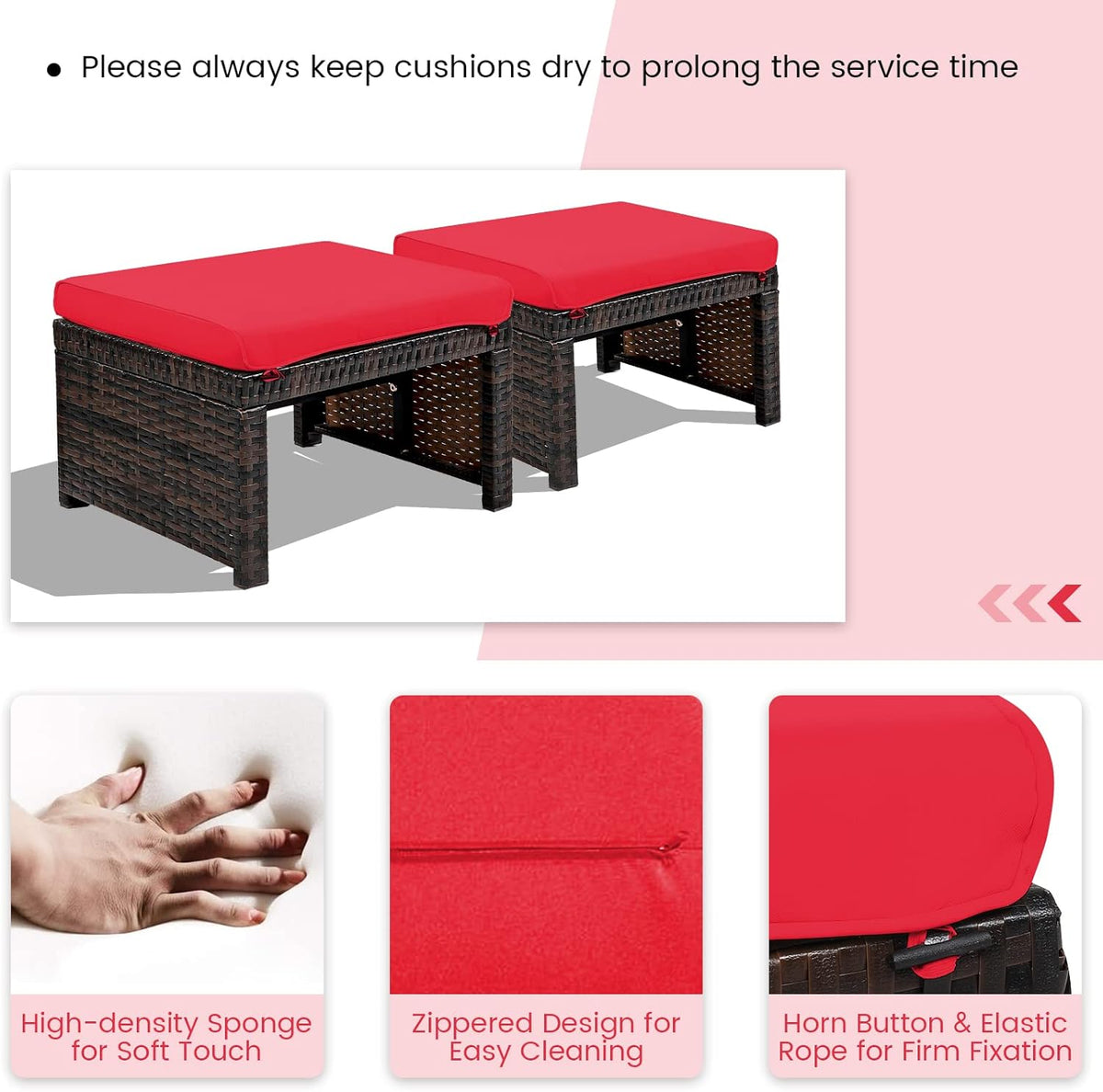 RELAX4LIFE 2-Piece Wicker Outdoor Ottoman, Rattan Footrest Set of 2 with Removable Cushions, 3-in-1 Foot Stool, Side Table & Additional Seating, Outdoor Footstools for Patio Backyard (Red)