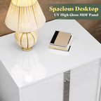 AMERLIFE Modern Nightstand, 23.6" End Table with 2 Drawers, White | Bedside Table for Bedroom, High Gloss UV Finish, Electroplated Pull Handle & Legs