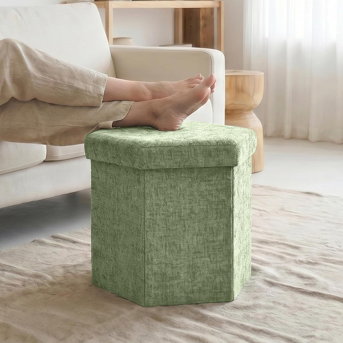 Hexagon Storage Ottoman, Foldable Chenille FootRest with Hidden Storage, Small Ottoman Footstool for Living Room, Bedroom, Dorm, Entryway, 15 x 16.9 x 15 Inches, Green