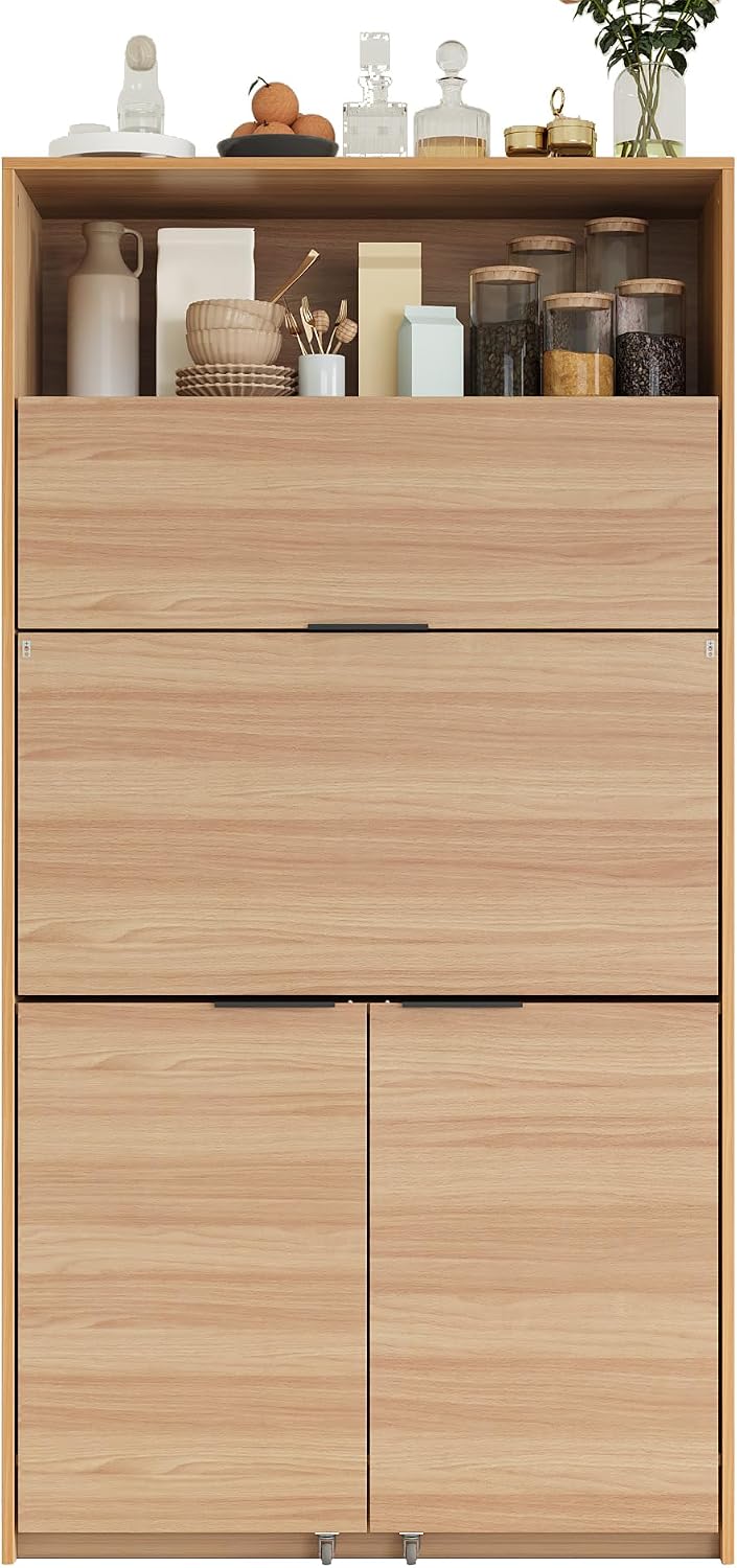 69" Compact Kitchen Pantry with Power Outlet, Freestanding Wooden Kitchen Organizers Storage Cabinet with Hutch and Foldable Workstation, Pantry Buffet with Adjustable Shelf for Dining Room, Natural