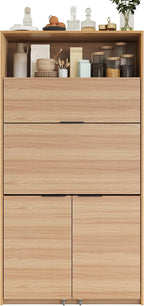 69'' Tall Kitchen Pantry Cabinet with Foldable Workstation, Kitchen Food Pantry Hutch with Adjustable Shelf, Folding Secretary Desk with Storage Hutch for Living Room, Dining Room (Natural)