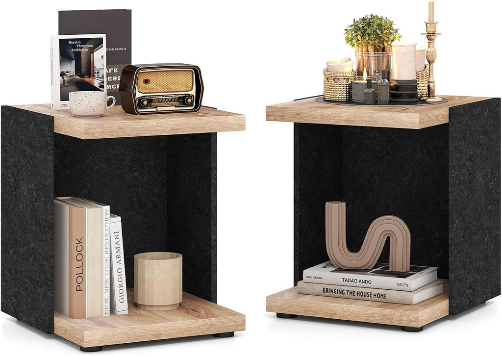 Giantex Modern End Table Set of 2, 2-Tier Sofa Side Table with Open Storage Shelf, Wooden Bedside Table, Rustic C Shaped Nightstand for Living Room, Bedroom, Small Spaces, Oak & Black