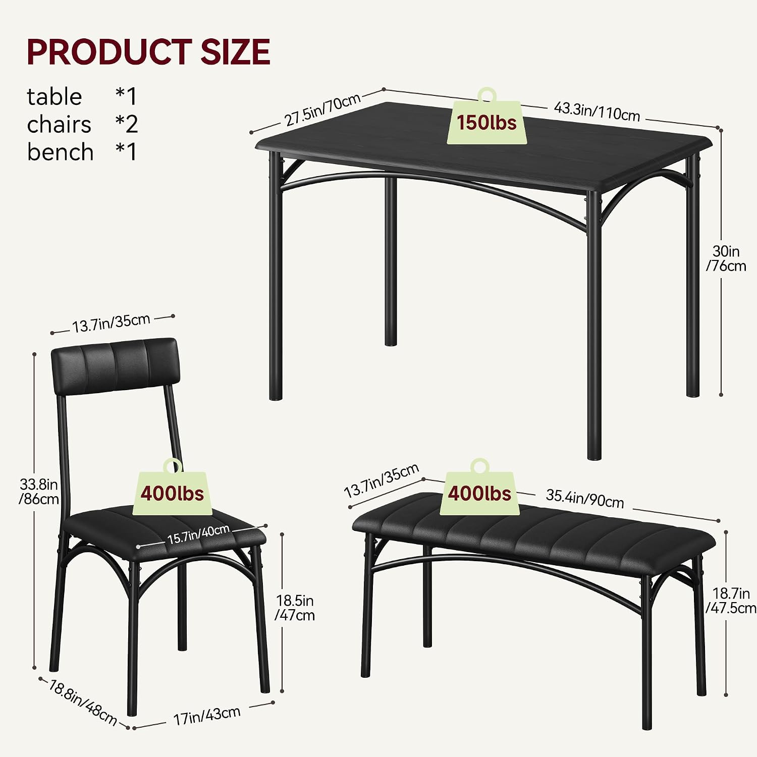 Dining Table Set for 4, Small Dining Table Set with Upholstered Bench and 2 Chairs, Kitchen Table and Chairs for 4, for Small Space, Apartment, Dinner, Rustic Black