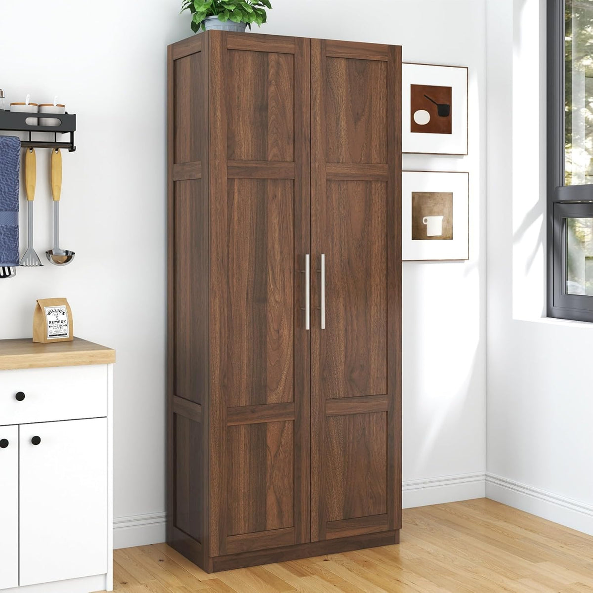 KEIKI 70.87" Tall Kitchen Pantry Storage Cabinet with 2 Door and Shelves, Freestanding Wood Hutch Food Pantries Cupboard for Coffee Bar, Dining Room, Living Room, Walnut