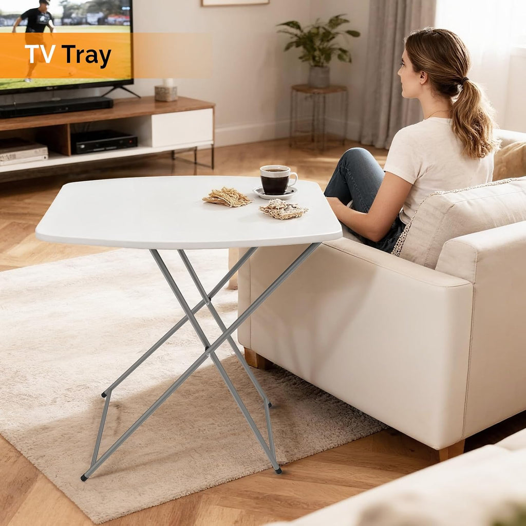 VINGLI Small Folding Table Portable, 18" Adjustable Height Personal Laptop TV Tray, Camping Table, HDPE Plastic Top with Steel Frame,White