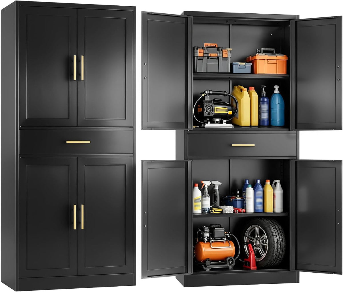 Metal Cabinet, 71” Garage Storage Cabinet with Doors and Adjustable Shelves (Black, 1 Drawer)