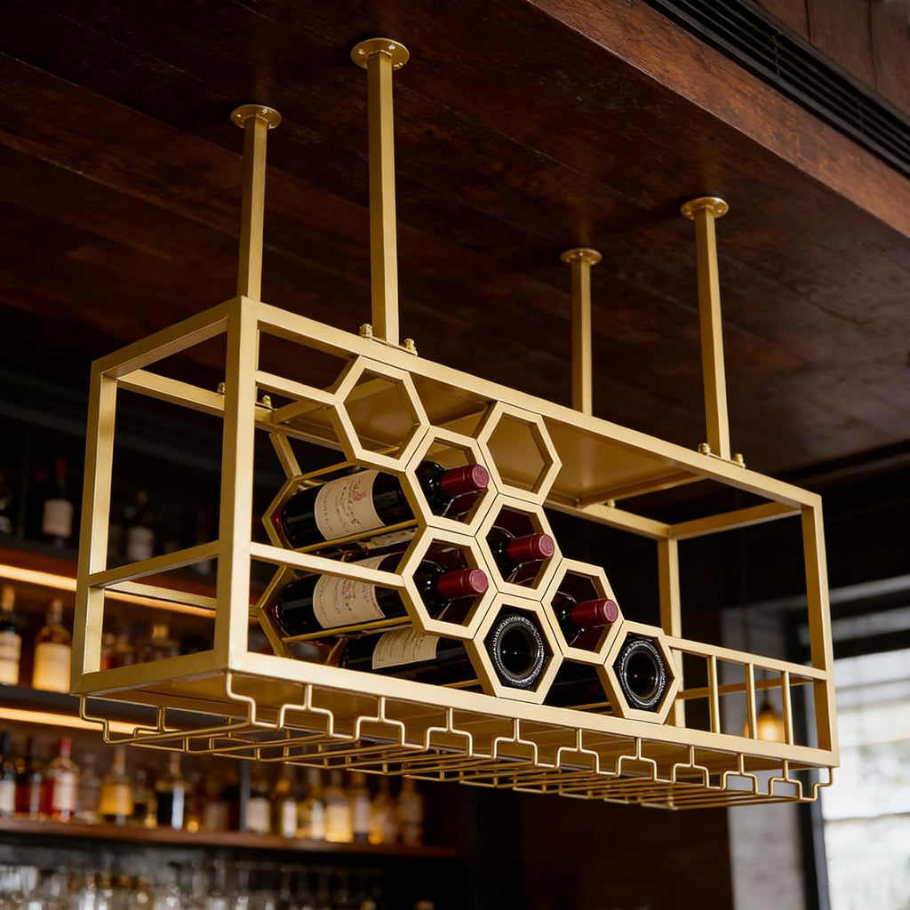 39" Ceiling Wine Rack Gold, Metal Hanging Bottle Rack with Guardrail | Honeycomb Structure Wine Shelf | 150Lbs Capacity | for Home, Hotel, Restaurant, Bar, Cafe, Cellar