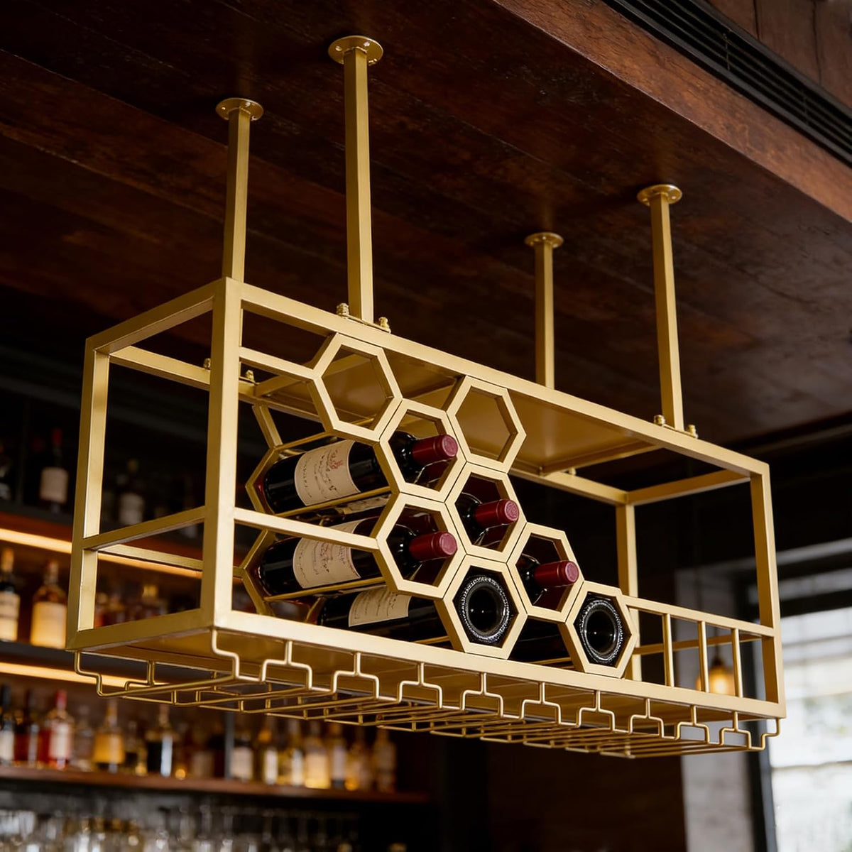 39" Ceiling Wine Rack Gold, Metal Hanging Bottle Rack with Guardrail | Honeycomb Structure Wine Shelf | 150Lbs Capacity | for Home, Hotel, Restaurant, Bar, Cafe, Cellar