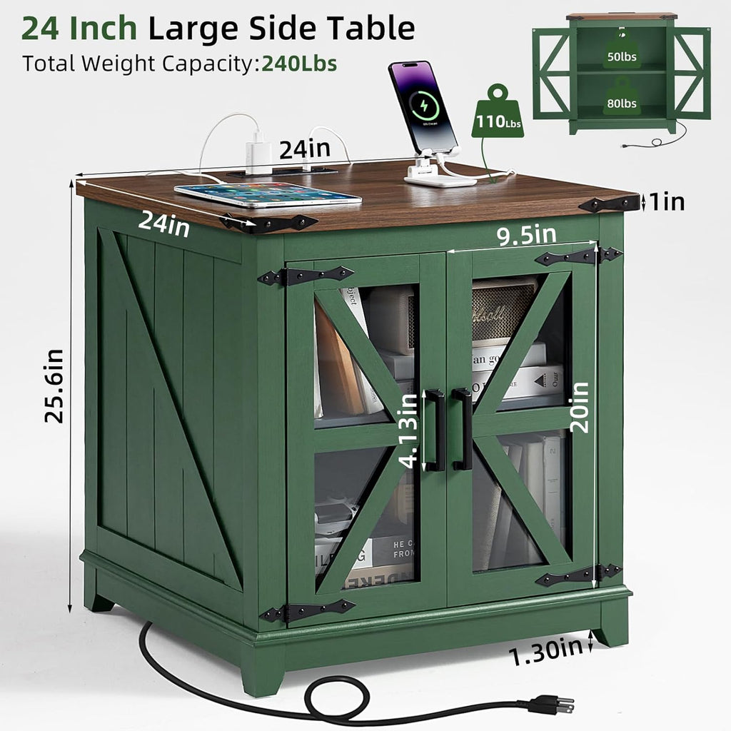 Joaxswe Farmhouse End Table, 24" Large Sofa Side Table with Charging Station Glass Barn Door, Wood Nightstand with Adjustable Storage Shelf, Square Bedside Table for Living Room, Bedroom, Office-Green