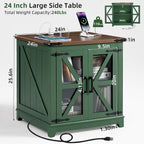 Joaxswe Farmhouse End Table, 24" Large Sofa Side Table with Charging Station Glass Barn Door, Wood Nightstand with Adjustable Storage Shelf, Square Bedside Table for Living Room, Bedroom, Office-Green