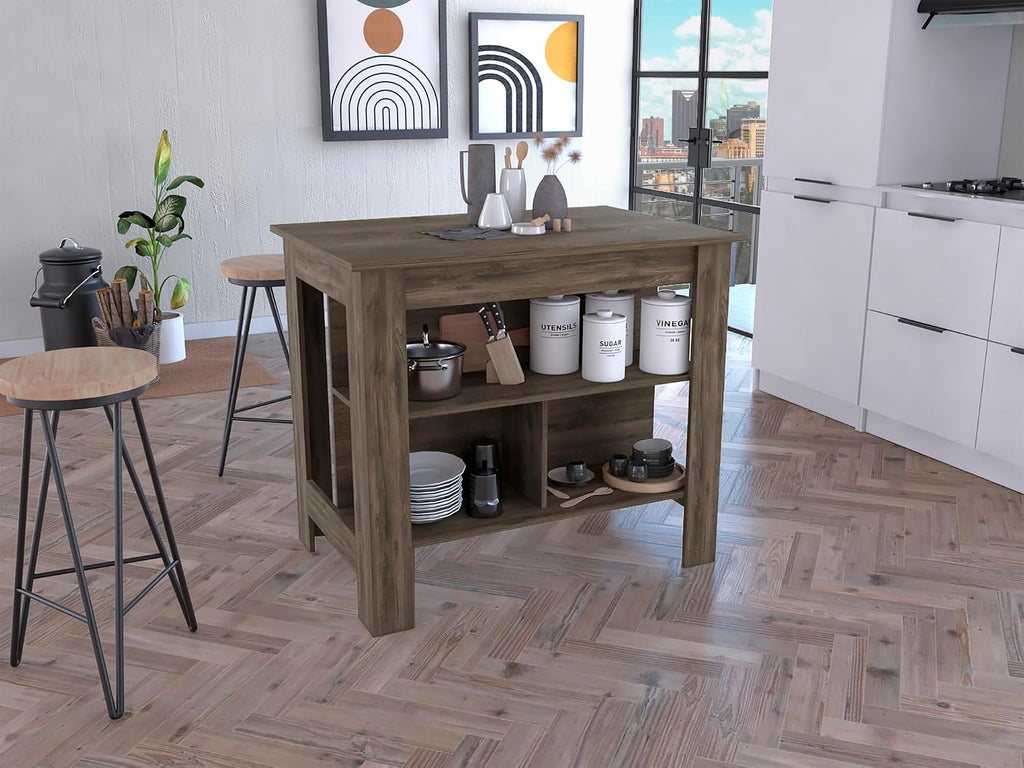 Kitchen Island with Four Legs and Three Shelves - Dark Brown | Three shelves and four legs for stable support and ample storage