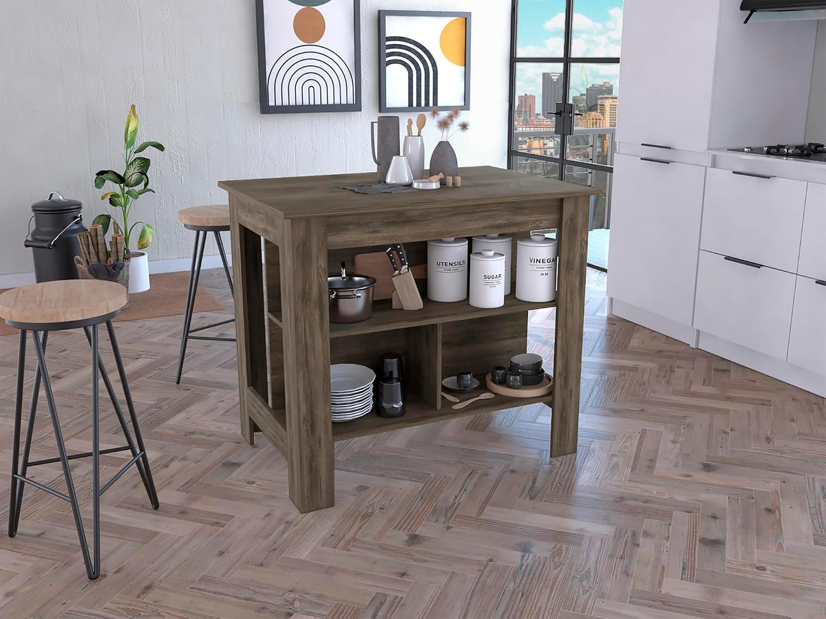 Kitchen Island with Four Legs and Three Shelves - Dark Brown | Three shelves and four legs for stable support and ample storage