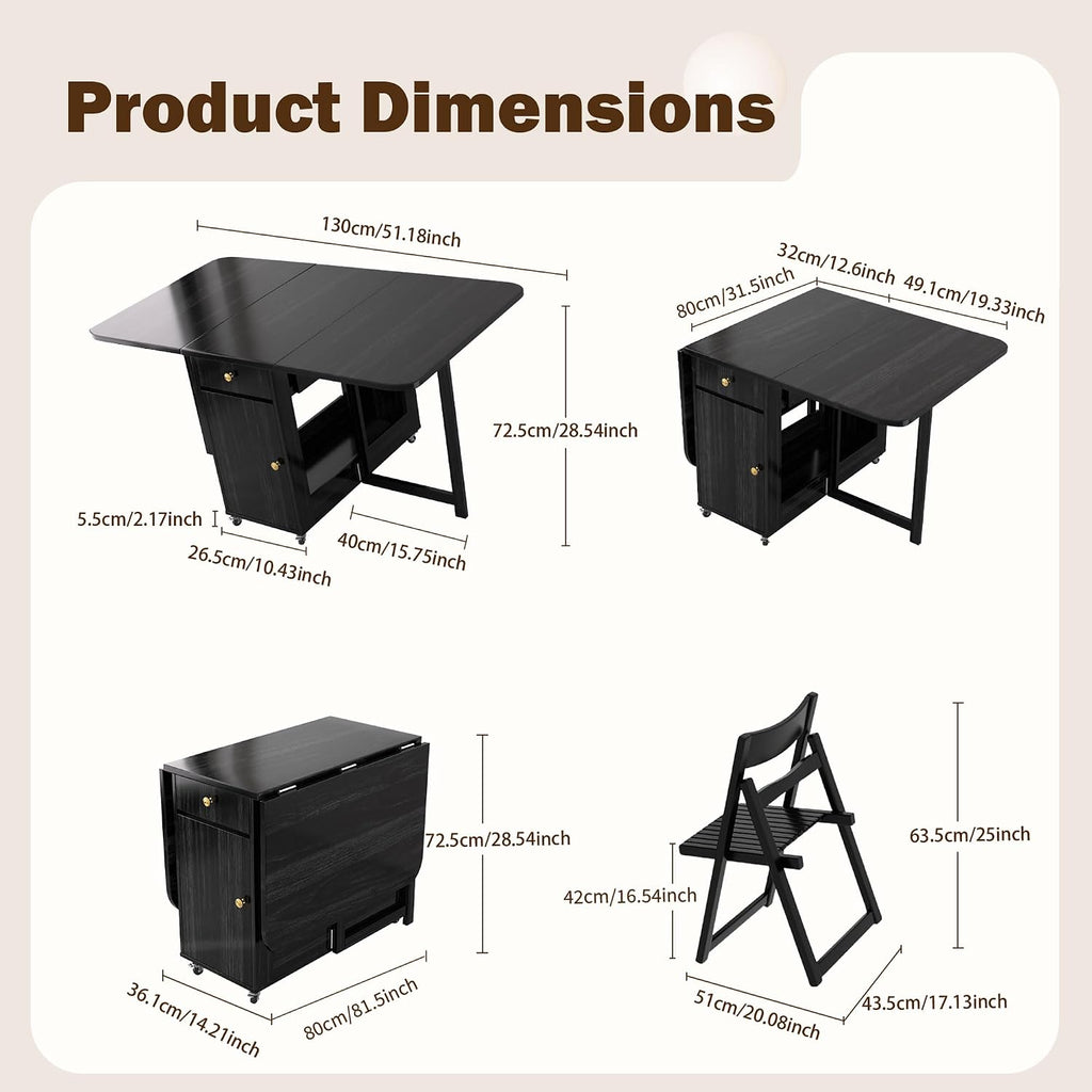Extendable Drop Leaf Folding Dining Table with 4 Chairs, No Assembly Required, 51" Space Saving Hideaway Table for Small Spaces, Living Room & Kitchen (Black)