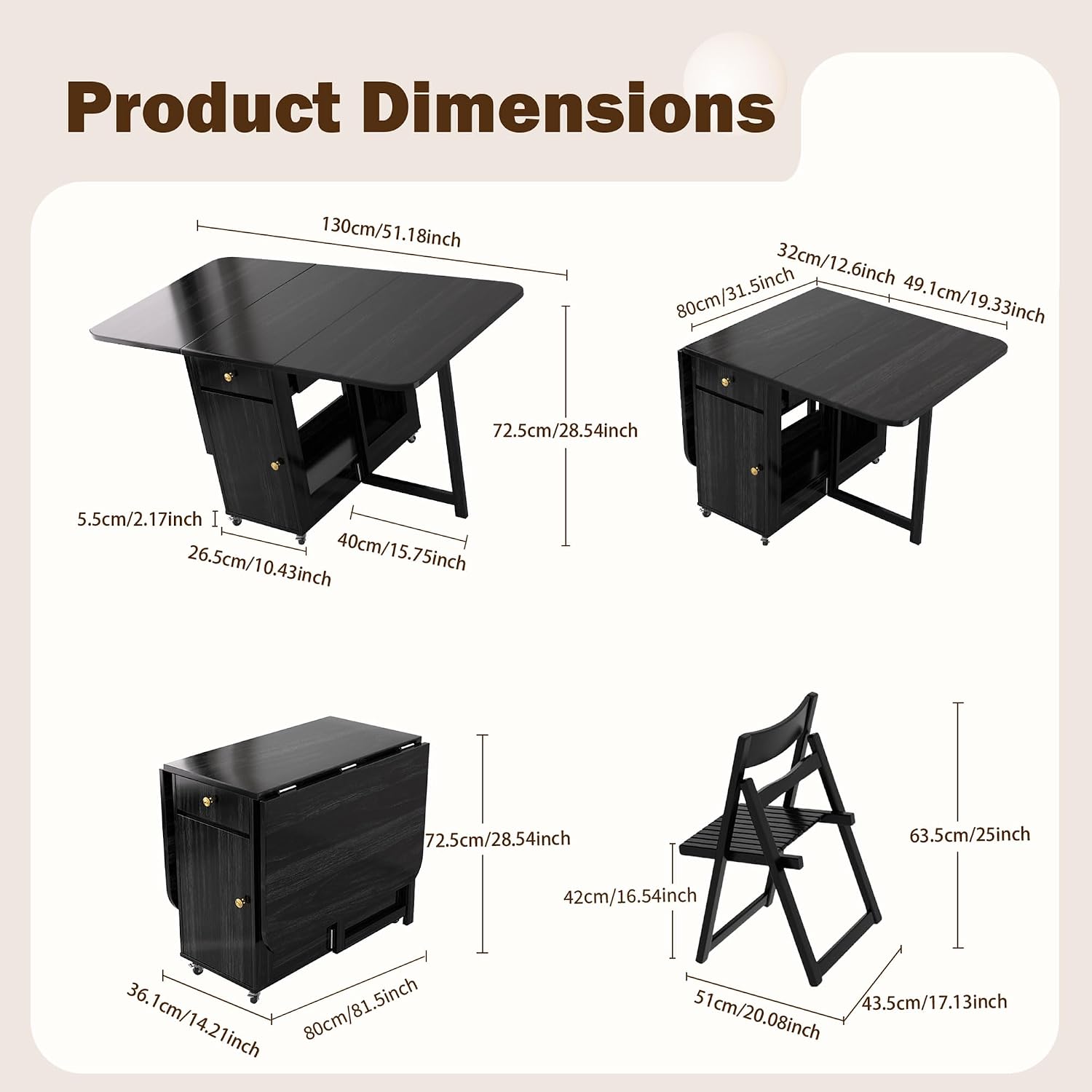 Extendable Drop Leaf Folding Dining Table with 4 Chairs, No Assembly Required, 51" Space Saving Hideaway Table for Small Spaces, Living Room & Kitchen (Black)