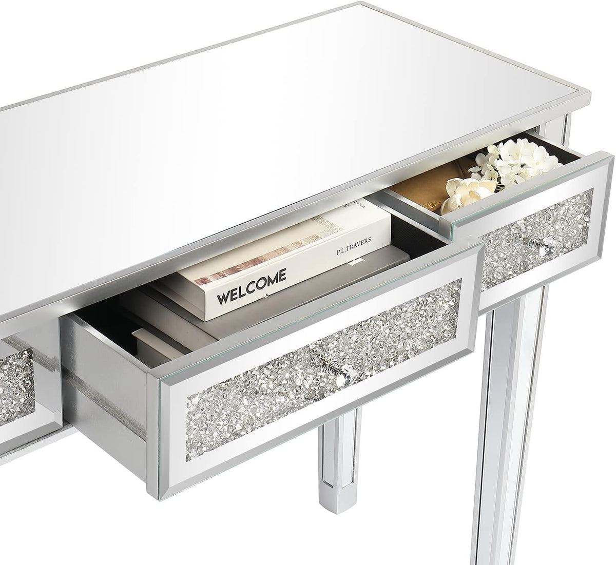 VINGLI Silver Mirrored Vanity Desk, Makeup Vanity Desk, Glass Desk with 3 Drawers, Glass Vanity for Women Girls Bedroom, Makeup Room & Office Writing Desk