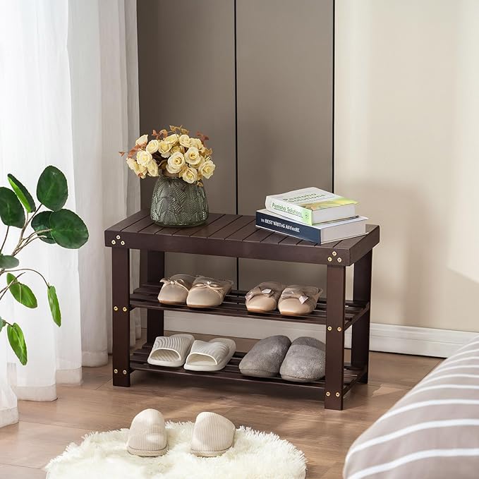Apicizon Bamboo Shoe Rack for Entryway, 3-Tier Shoe Rack Bench for Front Indoor Entrance, Small Shoe Organizer with Storage, Dark Brown