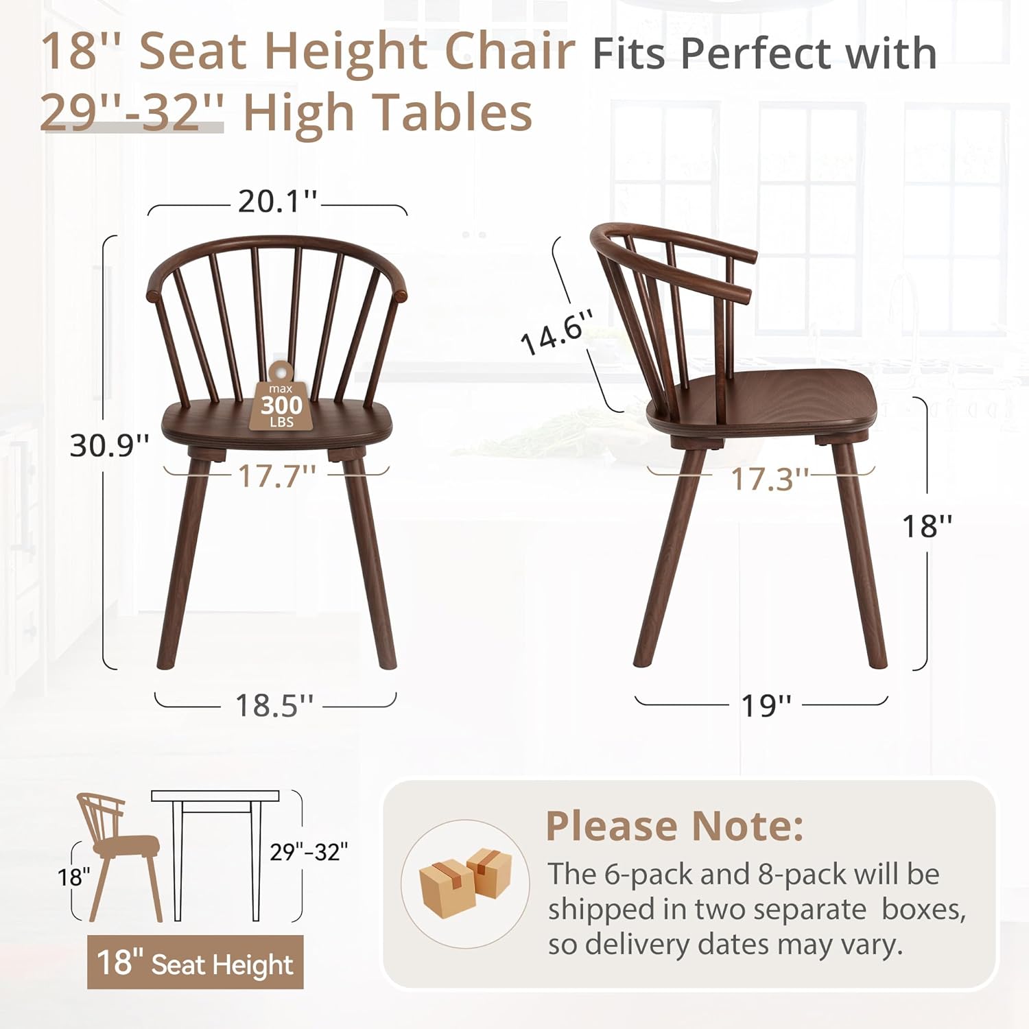 LUE BONA Walnut Dining Chairs Set of 2, Farmhouse Wood Dining Chairs with Semicircular Backrest, Spindle Dining Chair for Kitchen and Dining Room, 18 Inch