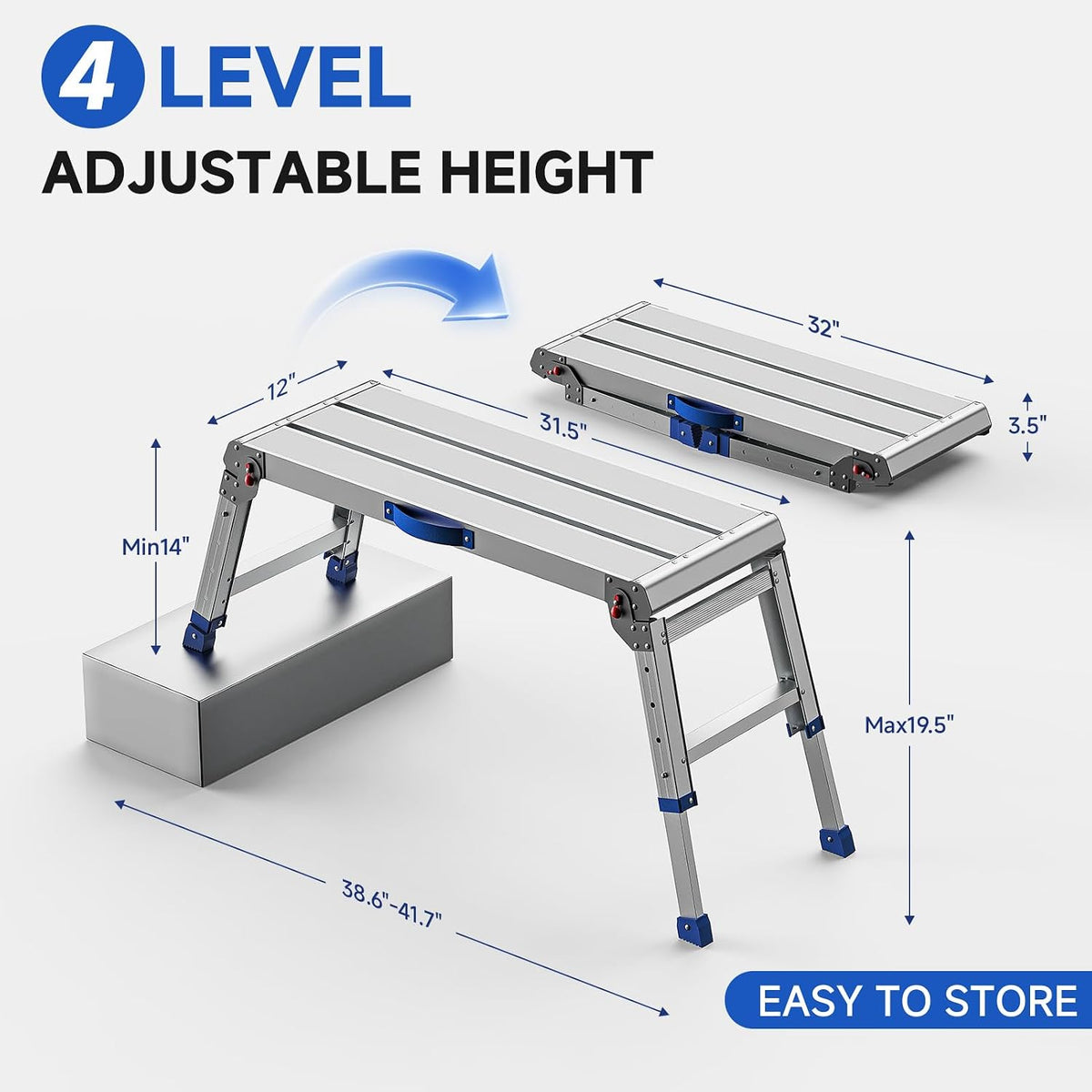Loyoda Folding Work Platform for Adults, Portable Aluminum Step Stool 800lb | 14"-19.5" Adjustable Height, 12" x 31.5" Wide Platform for Garage, Painting, Reach High Shelves, Gardening, Car Wash