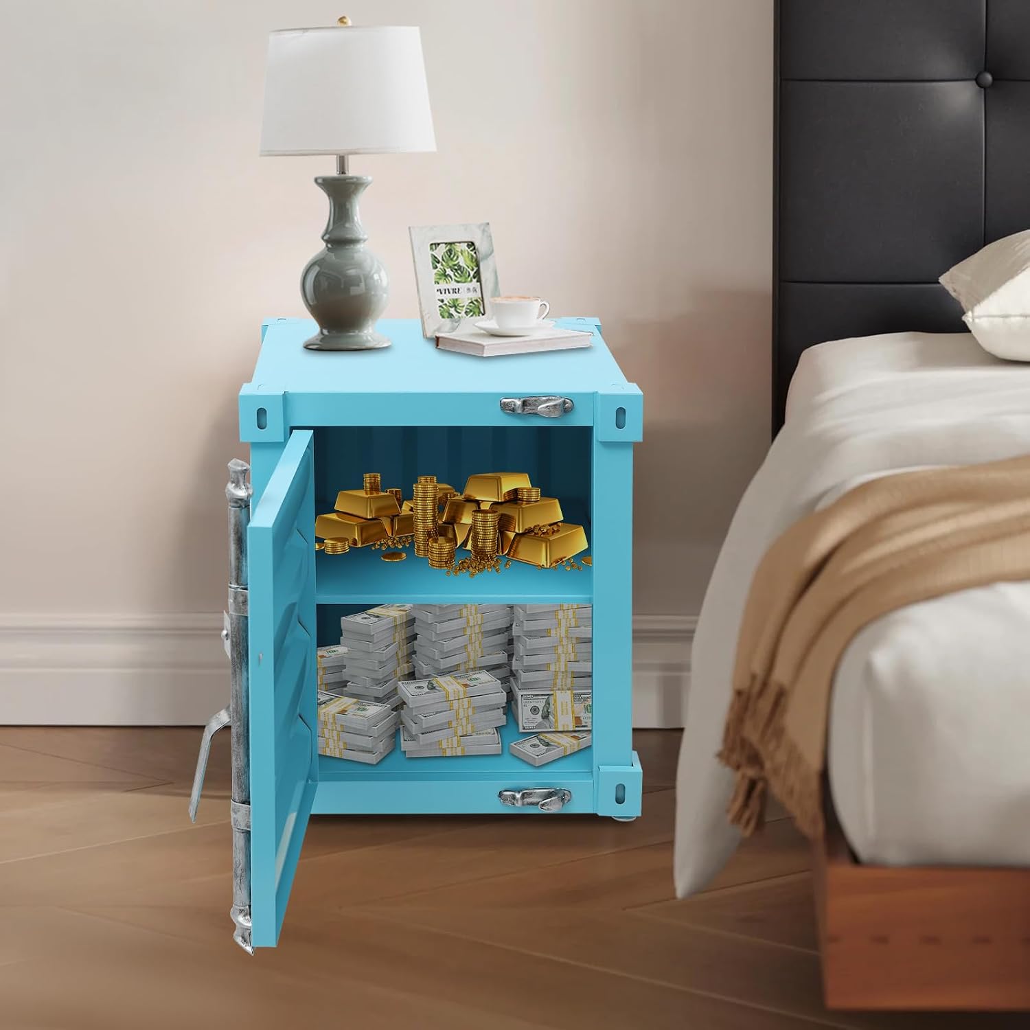 Side Table, Industrial Wind Container Cabinet Iron Bedside Table with Combination Lock, Industrial Style Container Cabinet Iron End Tables Nightstand for Bedroom Living Room (Blue)