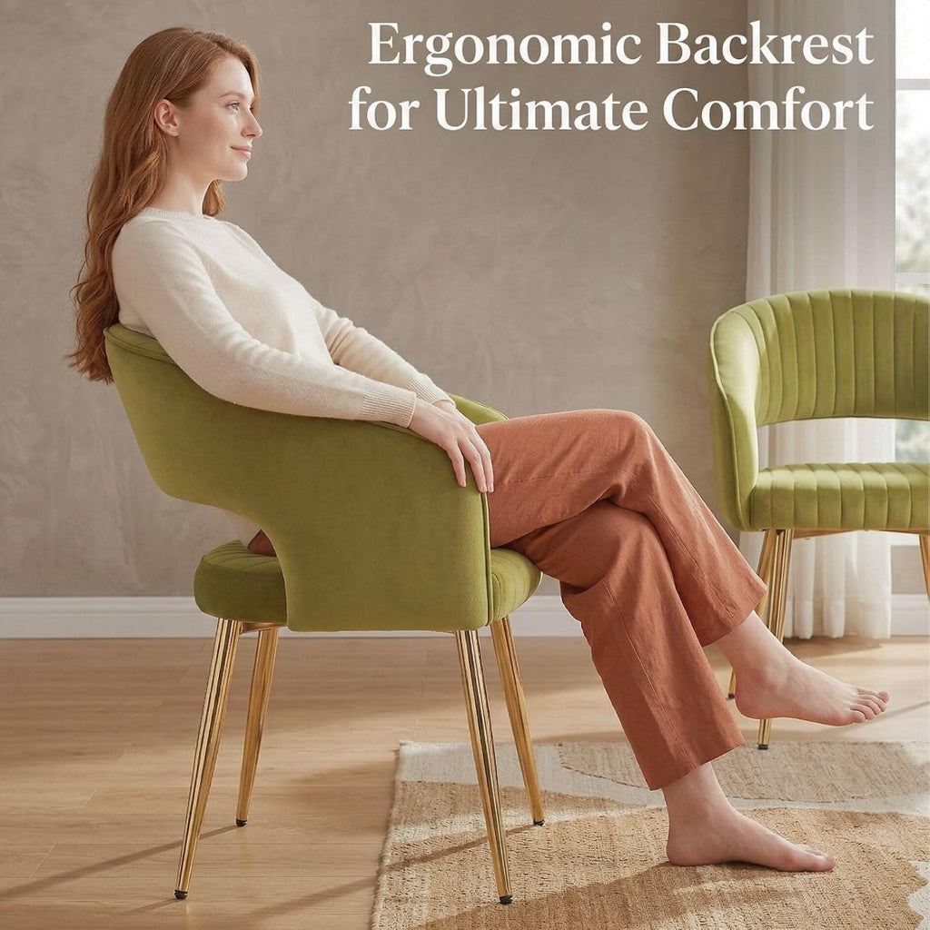 Hyfirm Green Velvet and Gold Dining Chairs, Set of 4 Modern Upholstered Arm Chairs with Hollow Backrest, Tufted Accent Side Chair with Sturdy Metal Legs for Dining Room, Living Room, Kitchen, Salon