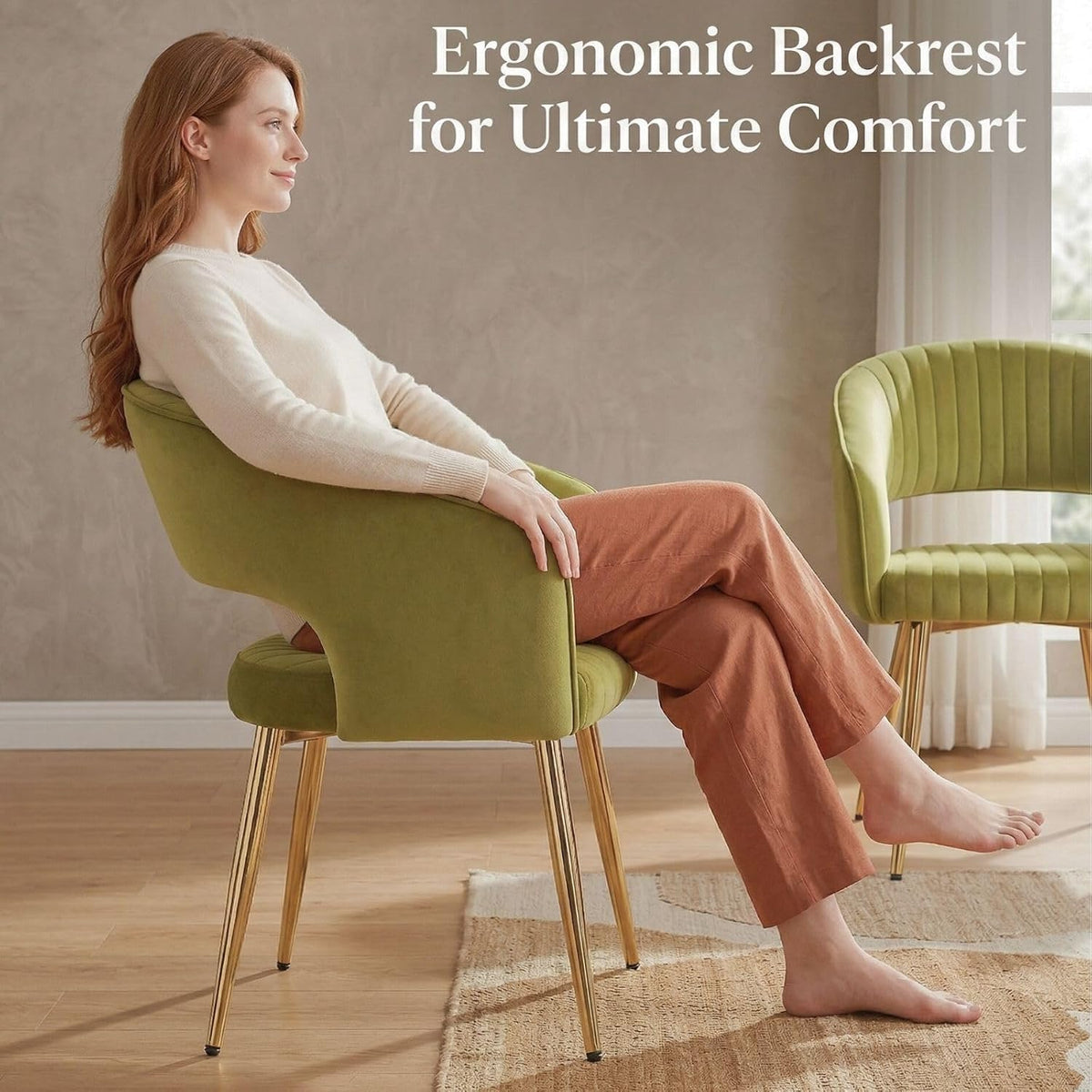 Hyfirm Green Velvet and Gold Dining Chairs, Set of 4 Modern Upholstered Arm Chairs with Hollow Backrest, Tufted Accent Side Chair with Sturdy Metal Legs for Dining Room, Living Room, Kitchen, Salon