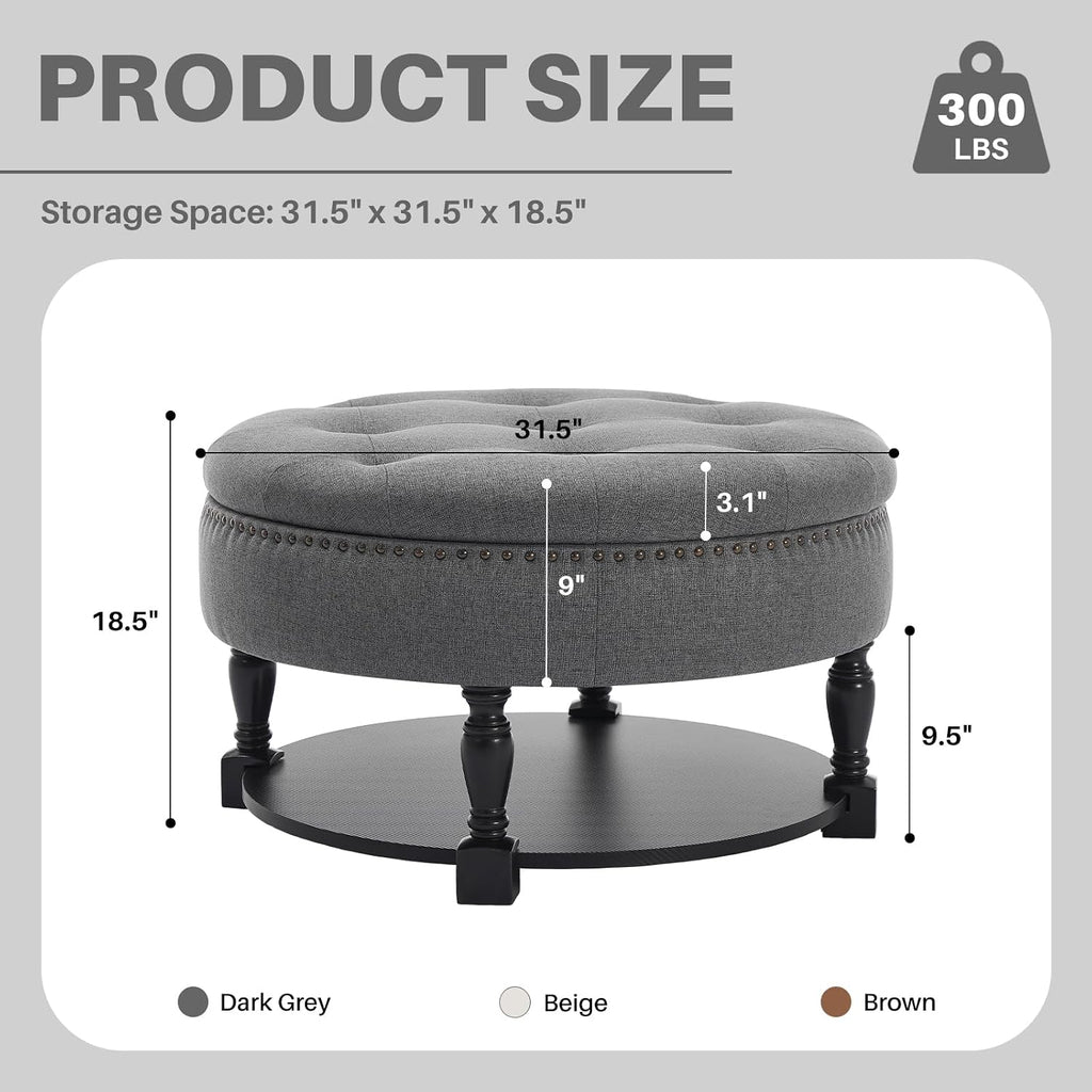Round Storage Ottoman Coffee Table with Shelf, Fabric Dark Gray | Multi-functional gray tufted fabric ottoman coffee table with hidden storage, bottom shelf & classic nailhead trim