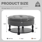 Round Storage Ottoman Coffee Table with Shelf, Fabric Dark Gray | Multi-functional gray tufted fabric ottoman coffee table with hidden storage, bottom shelf & classic nailhead trim