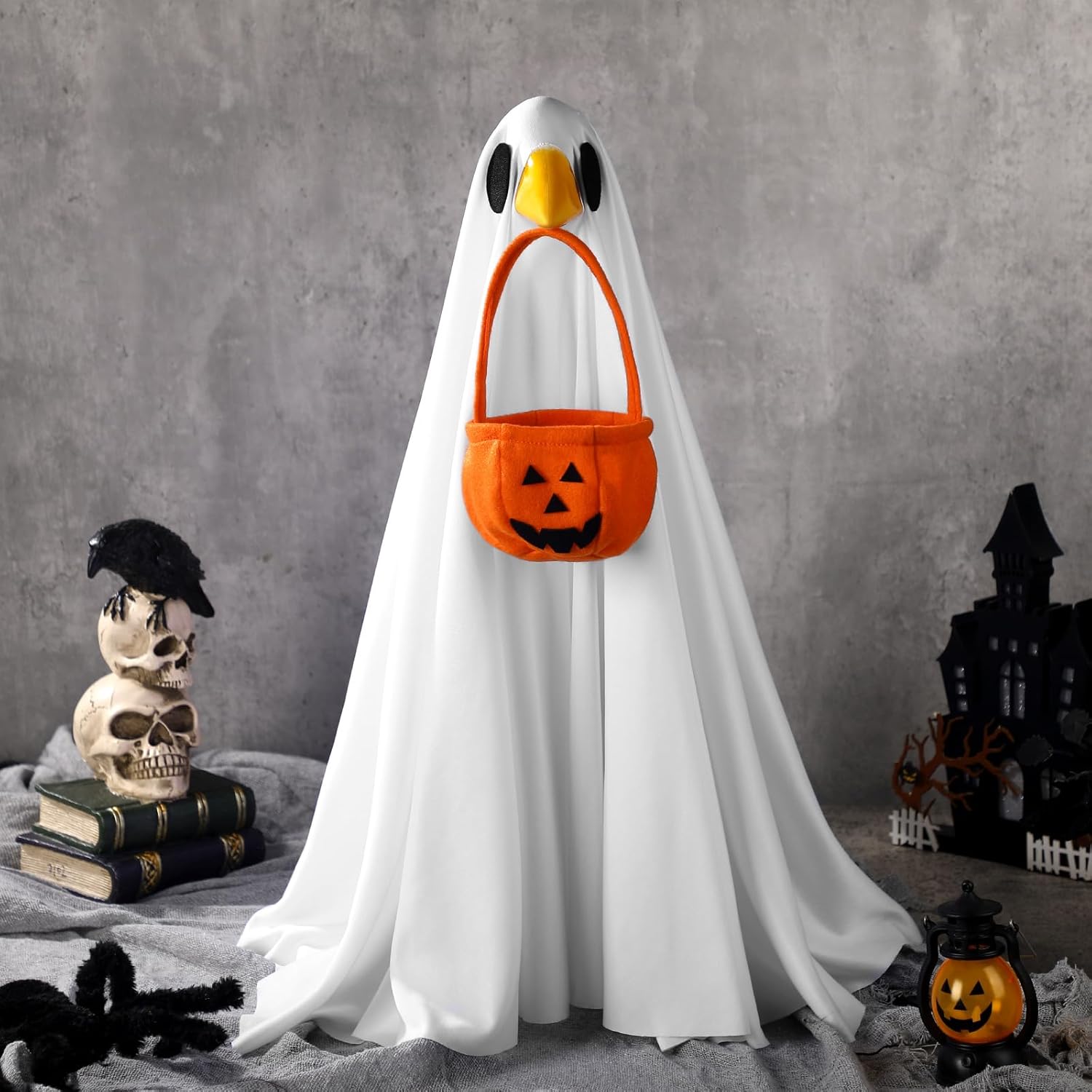 Abbylike Halloween Porch Goose Outfit Ghost Goose Outfit Fall Halloween Geese Costume Clothes with Pumpkin Bag for 23'' Cement Plastic Duck Yard Lawn Statue Decorations