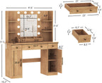 HUANLEGO Vanity Desk with Mirror and LED Lights & Strips for Girls, Oak