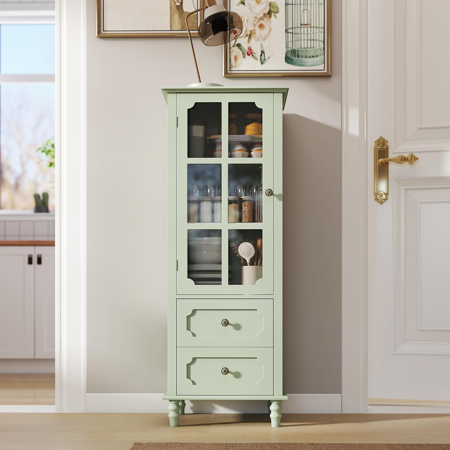 CNXINHUISUAN Minimalist Sideboard - Modern Buffet Cabinet with Glass Doors & 2 Drawers, Wood Storage Console for Dining Room & Entryway (Mint Green)